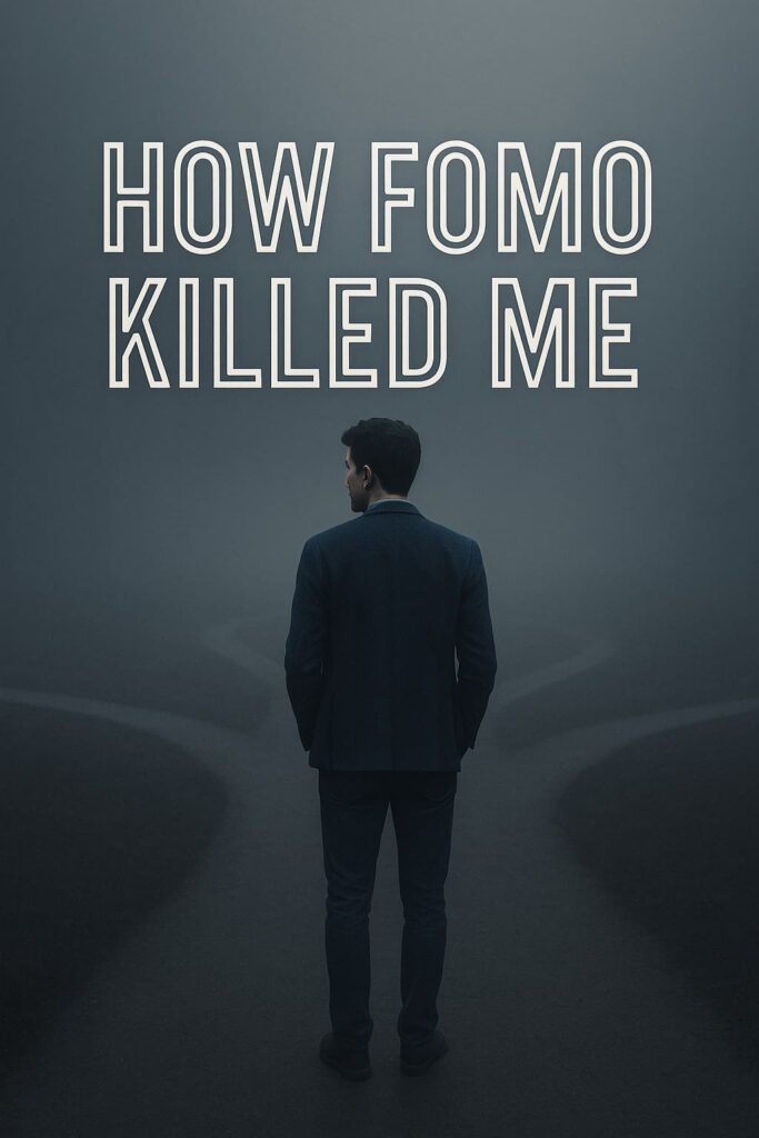 A man standing at a foggy crossroads, symbolizing confusion and the impact of FOMO after MBA.